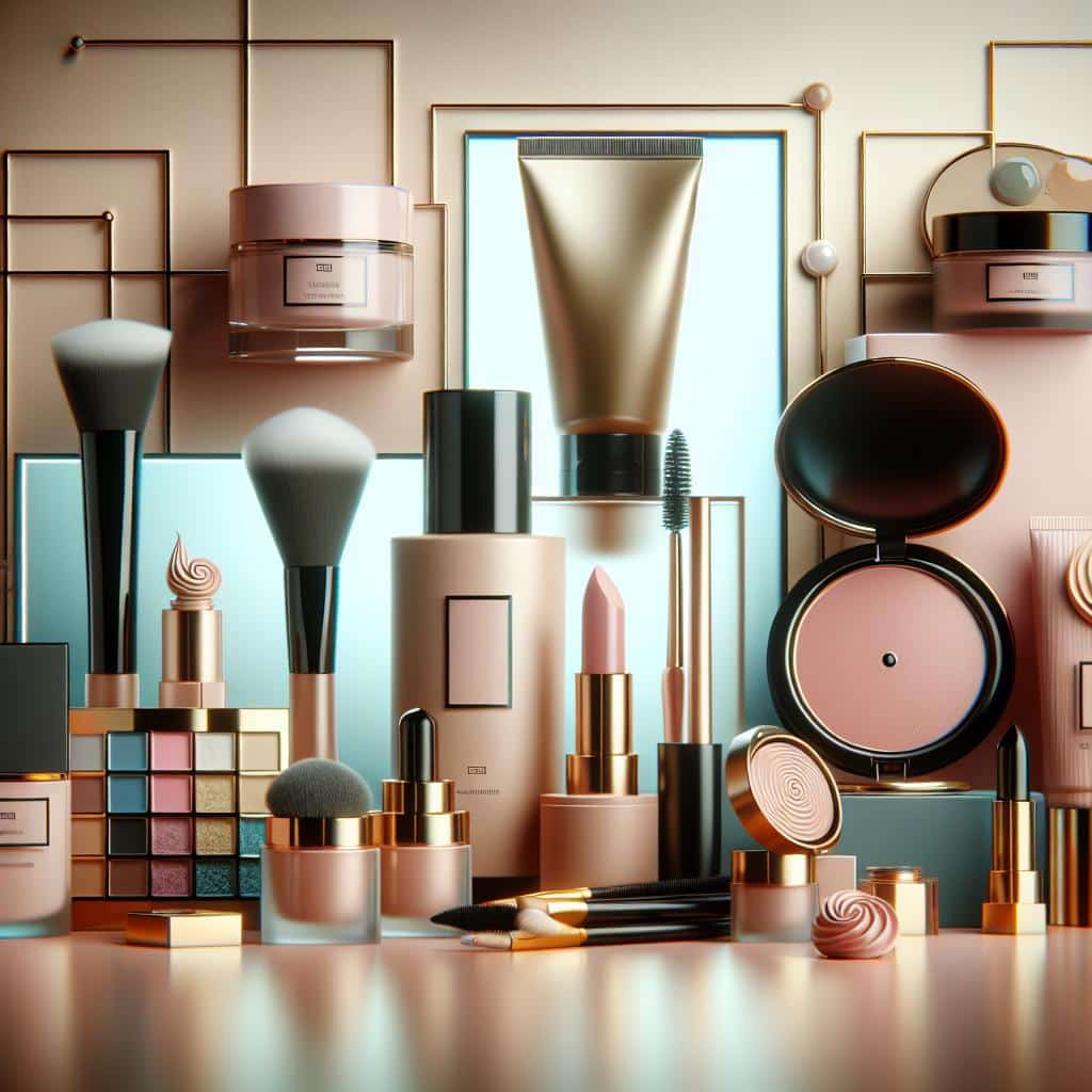 Elegant arrangement of beauty products, including lipsticks, makeup brushes, and skincare items, reflecting luxury and beauty branding.