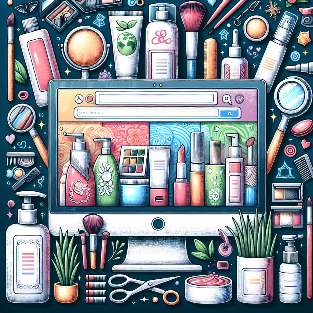 Colorful illustration of a computer screen with beauty products, surrounded by skincare and makeup items, symbolizing beauty industry SEO.